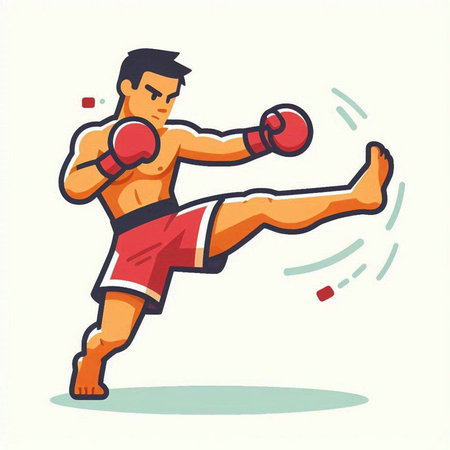 Cartoon boxer in red boxing gloves. Vector illustration on white background.のイラスト素材
