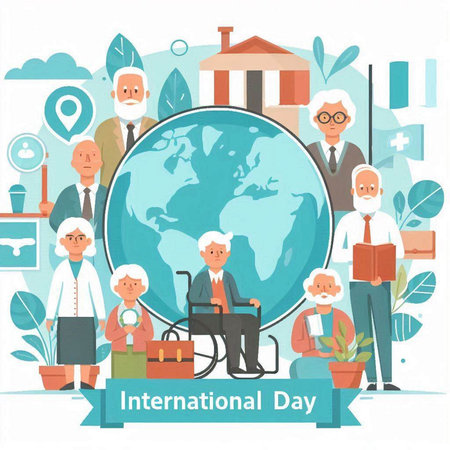International Day of Older Persons flat vector illustration. Man in wheelchair with group of people on background of world map and building.のイラスト素材