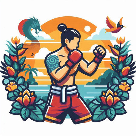 Tattooed fighter on the background of the sunset. Vector illustrationのイラスト素材