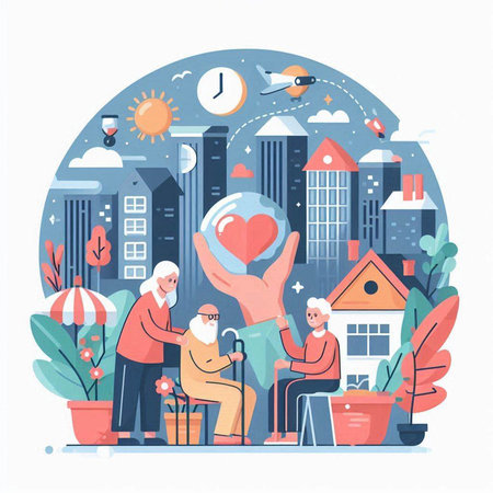 Elderly people with love and care. Vector illustration in flat style.のイラスト素材