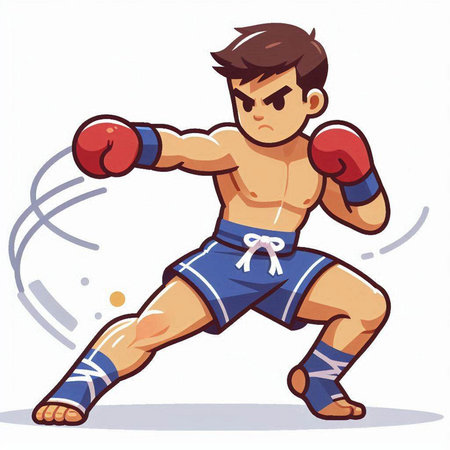 Cartoon vector illustration of a male boxer wearing blue boxing gloves.のイラスト素材