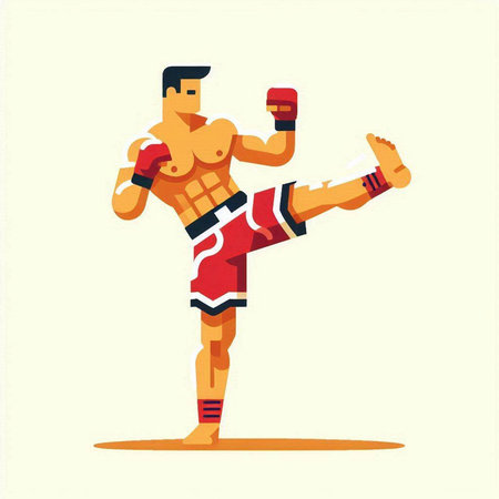 Muay thai fighter vector illustration in flat style isolated on white background.のイラスト素材