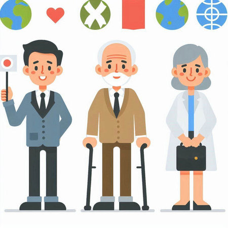 Senior man and woman with walking stick and doctor, vector illustration.のイラスト素材