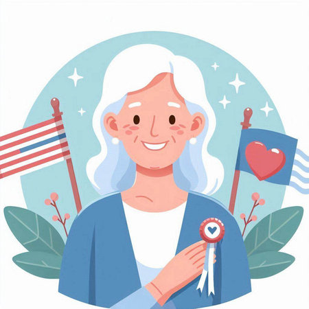 Elderly woman with USA flag. Happy Independence Day. Vector illustrationのイラスト素材