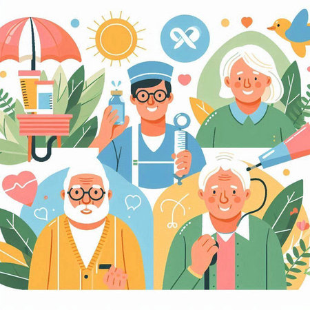 Elderly people with different health care and medicine. Vector illustration.のイラスト素材