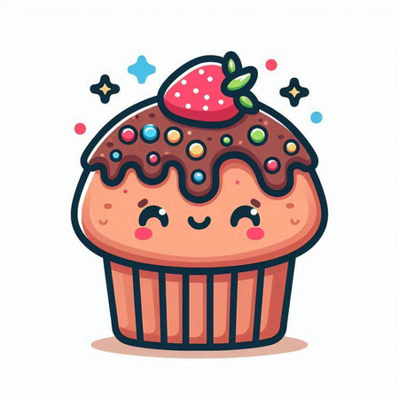 Cute cupcake with strawberry and sprinkles. Vector illustration.のイラスト素材