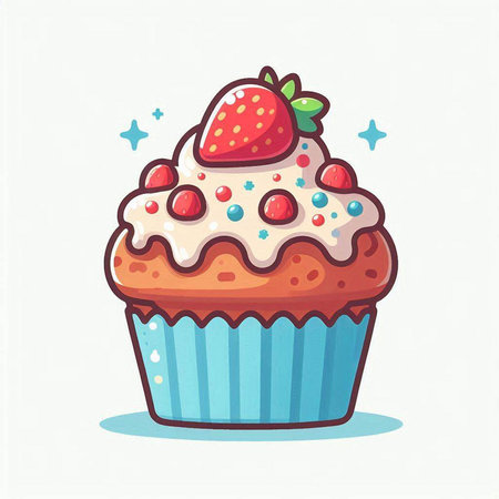 Cupcake with cream and strawberries. Vector illustration in cartoon style.のイラスト素材
