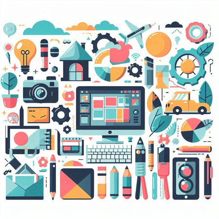 Flat design modern vector illustration concept of creative process, software development, online education, e-learning, webinar, video conference, webinar.のイラスト素材