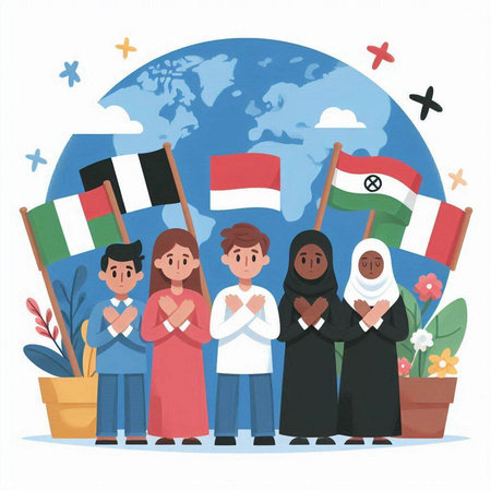 Arabic people with flags. Vector illustration in flat cartoon style.のイラスト素材