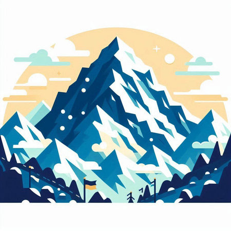 Mountains and snowflakes in flat style. Vector illustration.のイラスト素材
