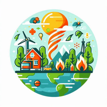 Vector illustration of nature landscape with house, wind turbine, windmill, trees, solar panels. Eco friendly concept.のイラスト素材