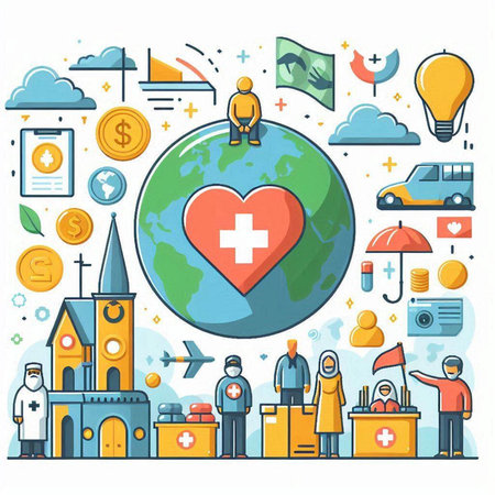 Concept of healthcare. Vector illustration in flat line style with icons and elements.のイラスト素材