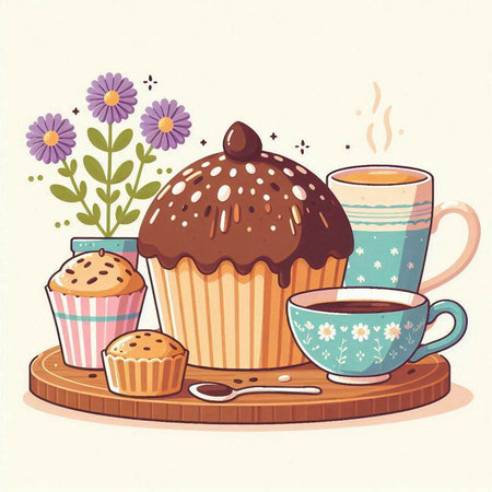 Cupcake and cup of coffee with flowers. Vector illustration.のイラスト素材