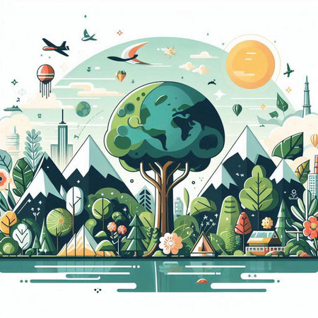 Ecology and environment concept. Vector illustration of green city with trees.のイラスト素材
