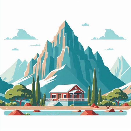 Landscape with mountains and houses. Vector illustration in retro style.のイラスト素材