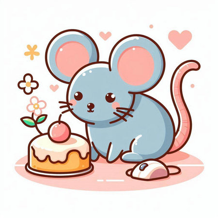 Cute mouse with cake. Vector illustration in flat cartoon style.のイラスト素材