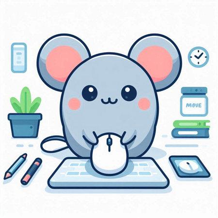 Cute mouse with laptop. Vector illustration. Cute mouse character.のイラスト素材