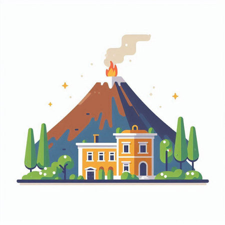 Volcano eruption. Flat style vector illustration isolated on white background.のイラスト素材