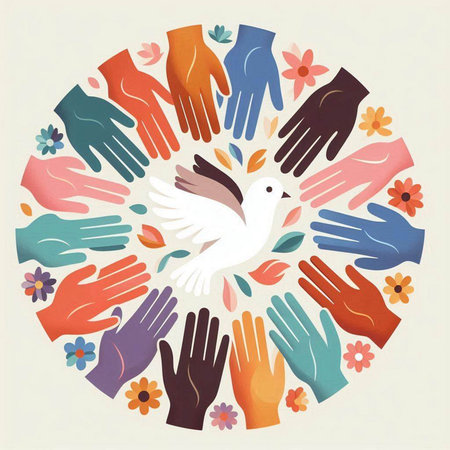 Circle of hands and dove. Vector illustration. Design element.のイラスト素材