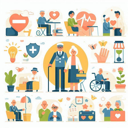 Elderly people healthcare and medical flat icons set with nurse, doctor, nurse, doctor, nurse, doctor, nurse, ambulance. Vector illustrationのイラスト素材