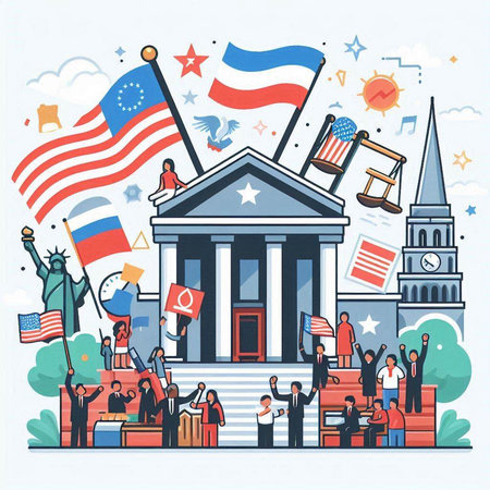 Law and justice concept. Judge gavel, court house, justice scales, justice scales, judge gavel, flag of United States. Vector illustration.のイラスト素材