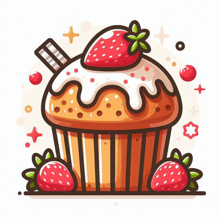 Cupcake with strawberries. Vector illustration of a sweet dessert.のイラスト素材