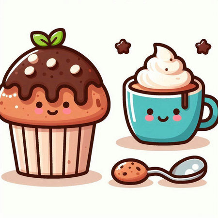 Cute cupcake and cup of coffee with whipped cream. Vector illustration.のイラスト素材