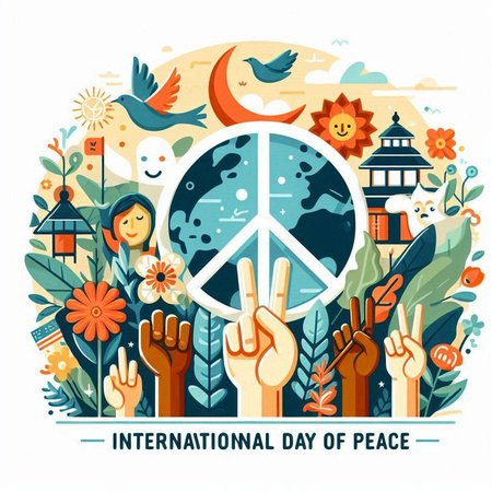 International Day of Peace banner with human hands and peace symbol. Vector illustrationのイラスト素材