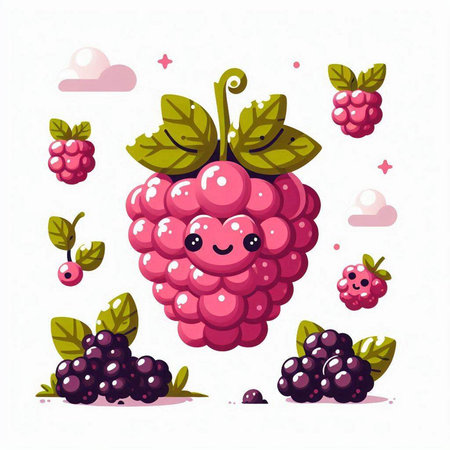 Cute funny raspberry character with leaves and berries. Vector illustration.のイラスト素材