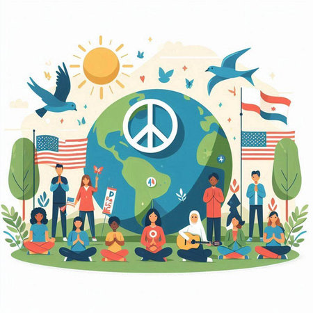 International Peace Day. Group of people with flags around the globe. Vector illustration.のイラスト素材