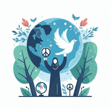 World peace day concept. Vector illustration of people with peace dove symbol.のイラスト素材