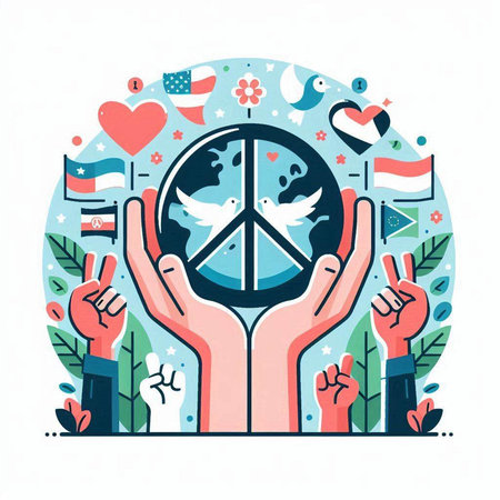 Peace and love concept with hands holding peace sign. Vector illustration in flat style.のイラスト素材