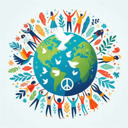 International Day of Peace. Vector illustration with people around the globe.のイラスト素材