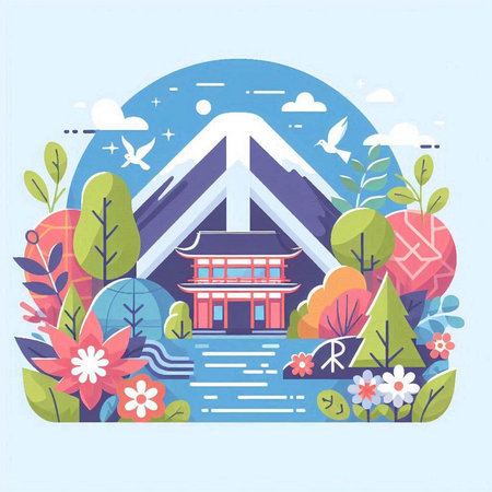 Vector illustration of Japanese traditional house in flat design style. Landscape with mountains, trees, flowers and lake.のイラスト素材
