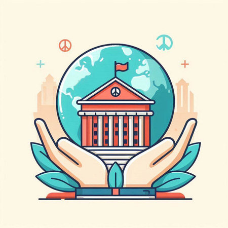 Vector illustration in flat linear style - hand holds the globe with the image of the European Parliament.のイラスト素材