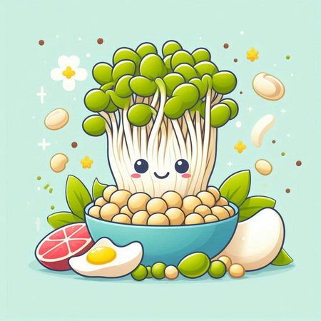 Illustration of a cute chickpeas in a bowl with ingredientsのイラスト素材