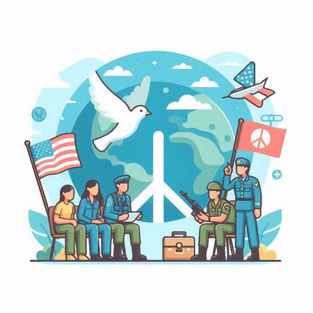 People sitting around the globe with USA flag. Vector illustration in flat styleのイラスト素材