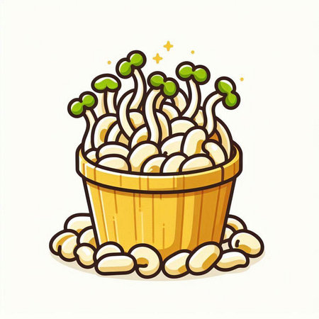 Illustration of soybean sprouts in wooden bucket on white backgroundのイラスト素材
