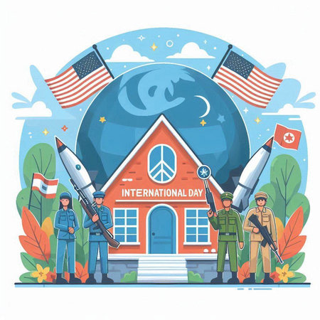 Flat design vector illustration concept for International Education Day. Group of students with books, globe, rocket and flag.のイラスト素材