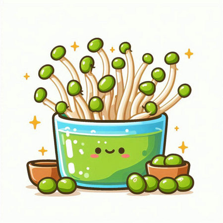 Cute porcelain bowl with enoki mushroom. Vector illustration.のイラスト素材