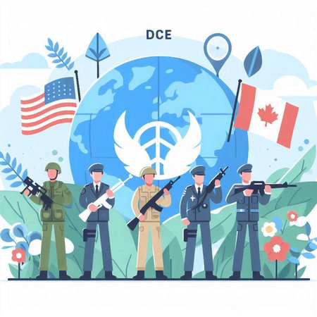 Soldiers with weapons and map of the world. Flat vector illustration.のイラスト素材