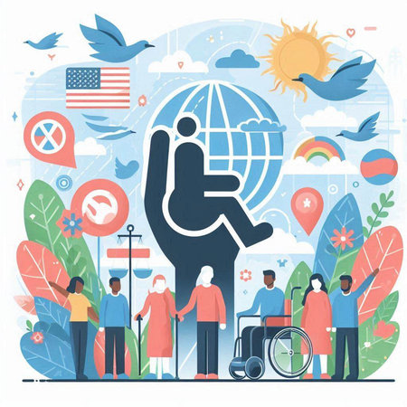 People with disabilities on the background of the globe. Flat vector illustration.のイラスト素材