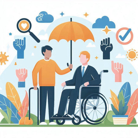 Disabled person in a wheelchair with an umbrella. Vector illustration.のイラスト素材