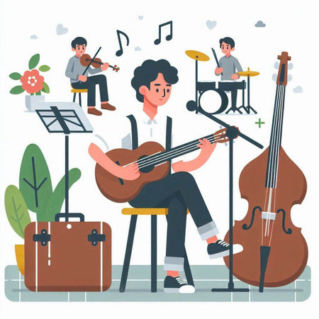 Musicians playing musical instruments. Flat style vector illustration. Music concert concept for banner, website design or landing web pageのイラスト素材