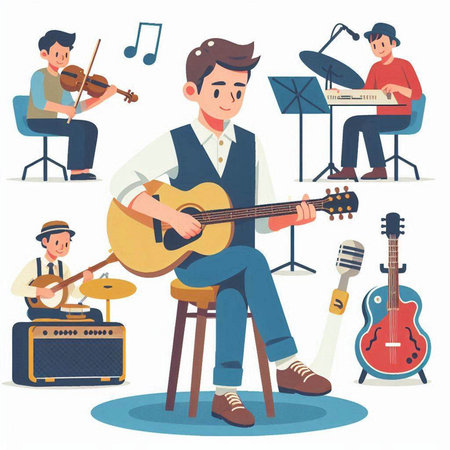 Musical instruments. Vector illustration in flat style. Man playing guitar and singing.のイラスト素材