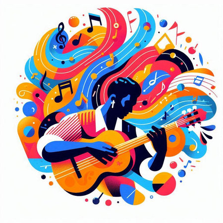 Musician playing the guitar. Colorful music background. Vector illustration.のイラスト素材