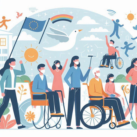 Disabled people in medical masks. People with disabilities in the park. Vector illustration.のイラスト素材