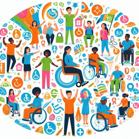 Vector illustration of a group of people with disabilities in the circle.のイラスト素材