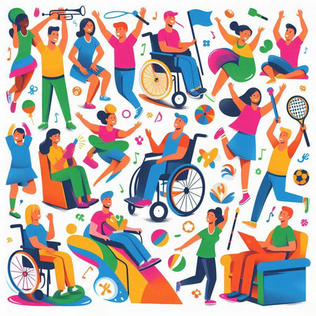 Disabled people set. Handicapped people in different situations. Vector illustrationのイラスト素材