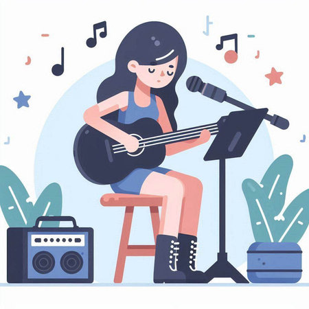 Woman playing guitar and singing at home. Flat vector illustration. Music conceptのイラスト素材